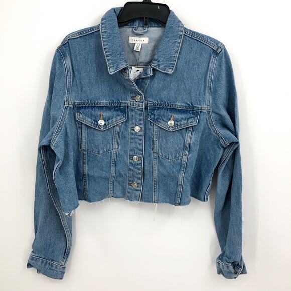 Topshop Jackets & Blazers - TOPSHOP Women's Cropped Denim Jacket Size 14 Blue Rigid Denim Raw Hem NWT